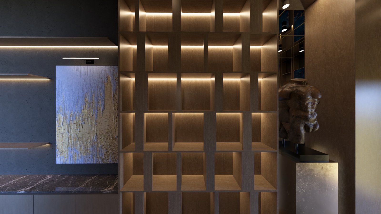 Pasillo con iluminación arquitectónica en la oficina Santa Fe